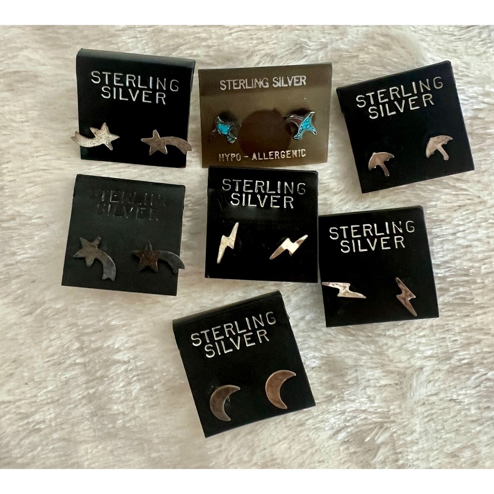 Lot Sterling Silver Stud Earrings Tiny Lightning Bolt Moon Star Rain Turquoise